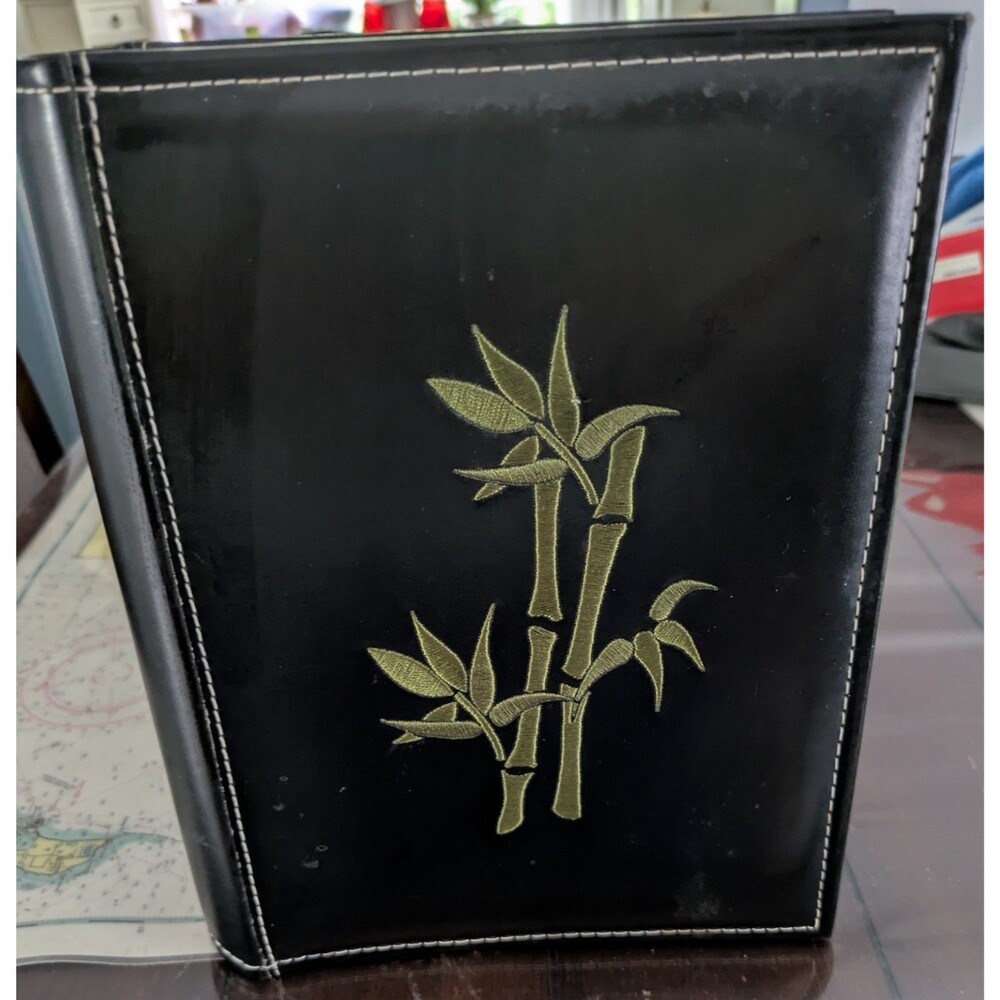 Black Faux Leather Photo Album Embroidered Green Bamboo Design Contrast Stitchin
